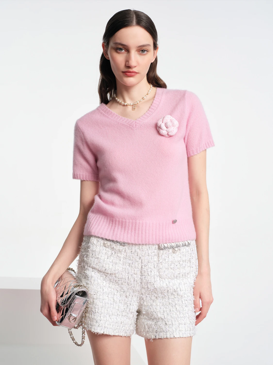 

Blanini Two-Tone Camere Blend Knitted ort Sve V-Ne Top STOLL hine Made Faionable Spring Ladies T-irt