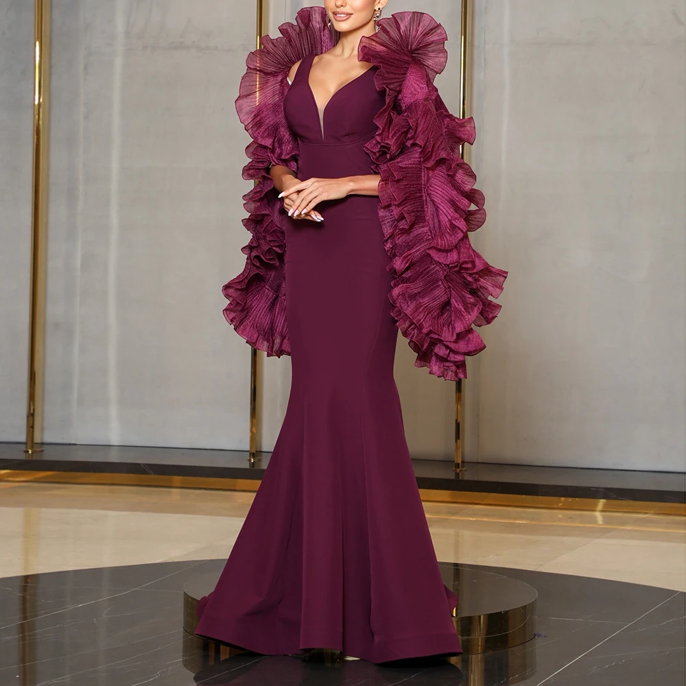 

Customized Mermaid Evening Dresses Floor-length V-neck Sleeveless Prom Gown Fashion Ruched Simple Draped Backless Party Gown