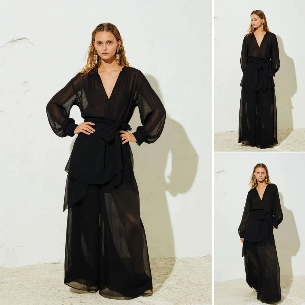 

Mia Muse Boutique Women's Blouses Summer Simple Fashion Loose Fit 2025 Plain Long Sleeve V-Neck Daily Blouses