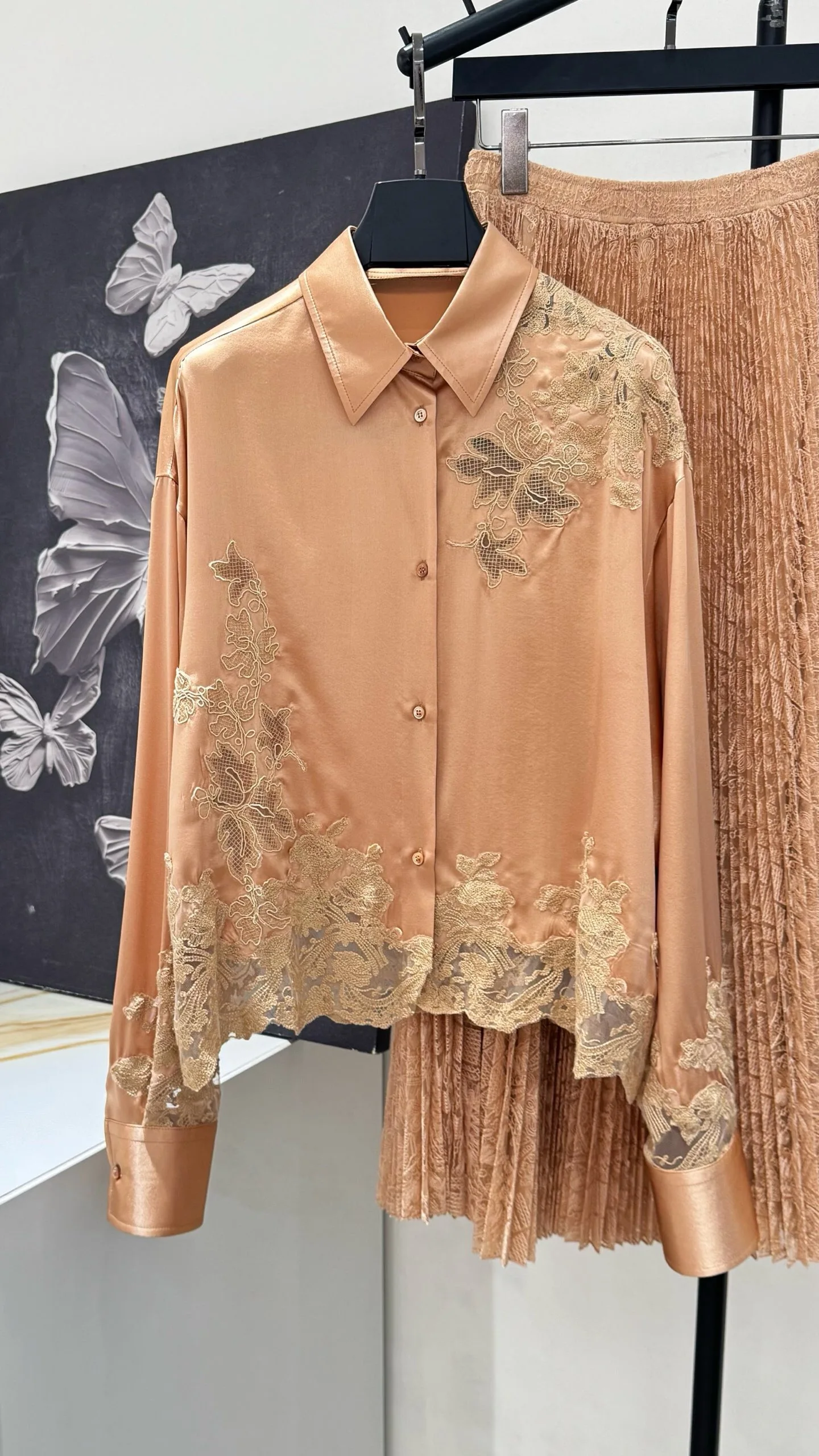 Champagne Silk Satin Embroidery Two Piece Set Women Designer Lace Shirt & Long Skirt High End Luxury Runway Party Wear view 2