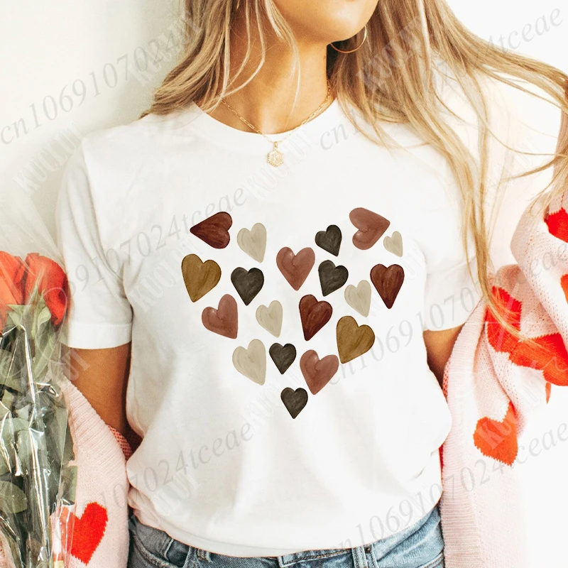 Valentines Day Women T-Shirt Artsy Melanin Skin Tone Kindness Watercolor Hearts Soft Graphic Tees Shirt Harajuku Female Clothing