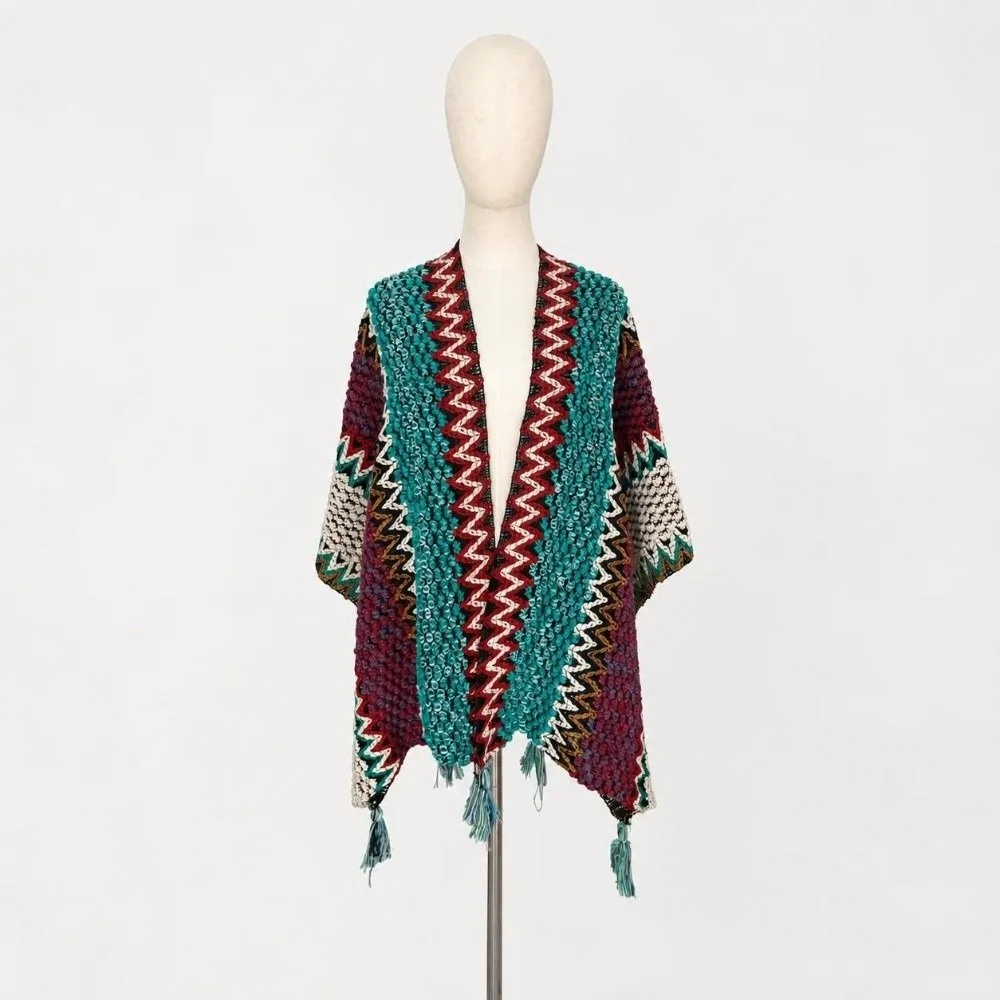 Striped Pattern Knit Poncho Cape Oversized Ethnic Print Tassel Knit Shawl Warm Open Front Shawl Wrap Cardigan Casual Occasion