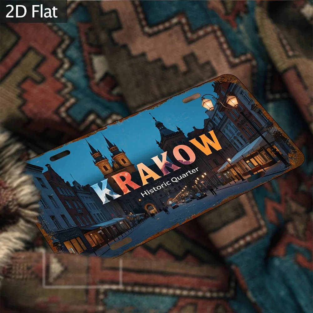 2D Flat, 1pc Vintage Krakow Metal Sign 30.48x15.24 cm - Retro Aluminum Wall Decor with Nighttime Cityscape, Rustic Industrial St