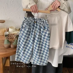 Children clothing boys handsome rhomboid checkered personality jeans 2024 spring autumn new boys fashion casual all match pants