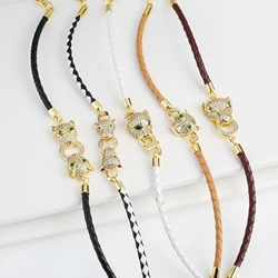 Adjustable Leather Rope Braided Zirconia Animal Leopard Head Bully Bracelet Fashion for Man Woman Party Jewelry Gift Daily Wear