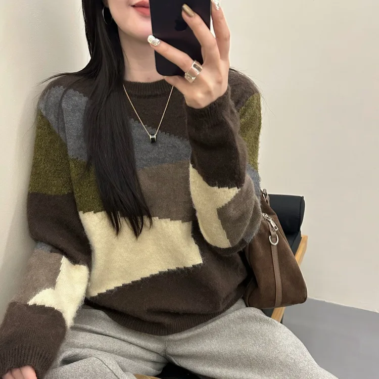 

Women's Color Block Thickened Crew Neck Sweater 2025 New Autumn Winter Hot Style Inner Outer Wear Base Shirt