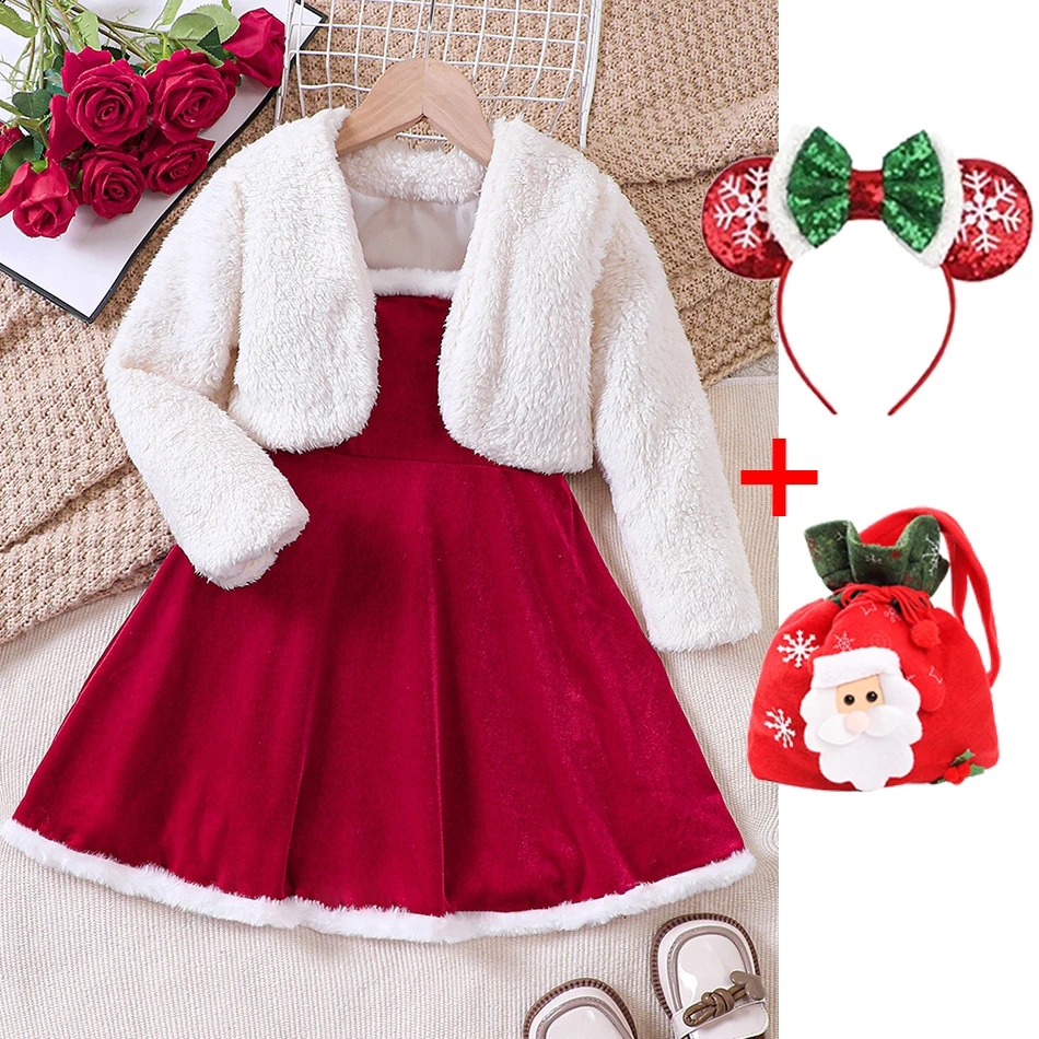 Autumn Winter 2Pcs Clothes Set For Girls Warm Plush Jacket+Red Velvet Dress Kids Christmas New Year Party Clothing Suit 1-8Yrs