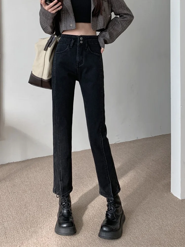 

High Waist Elastic Denim Jeans Women's Early Spring Straight Leg Pants Large Size Women's Fashion Slimming Split Nine Tube Pants