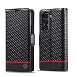 Carbon Fiber Leather Phone Case for Samsung Galaxy Z Fold 6 5 4 3 Fold6 Fold5 Fold4 Magnetic Flip Wallet with Card Holder Cover