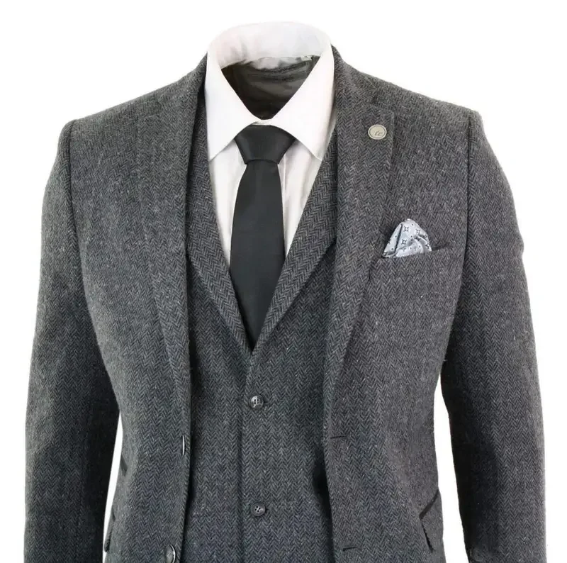 3 Piece Suits (Jacket+Vest+Pants) Gray Wool Tweed Winter Suit for Men Herringbone Slim Fit Formal Groom Tuxedo Wedding Male