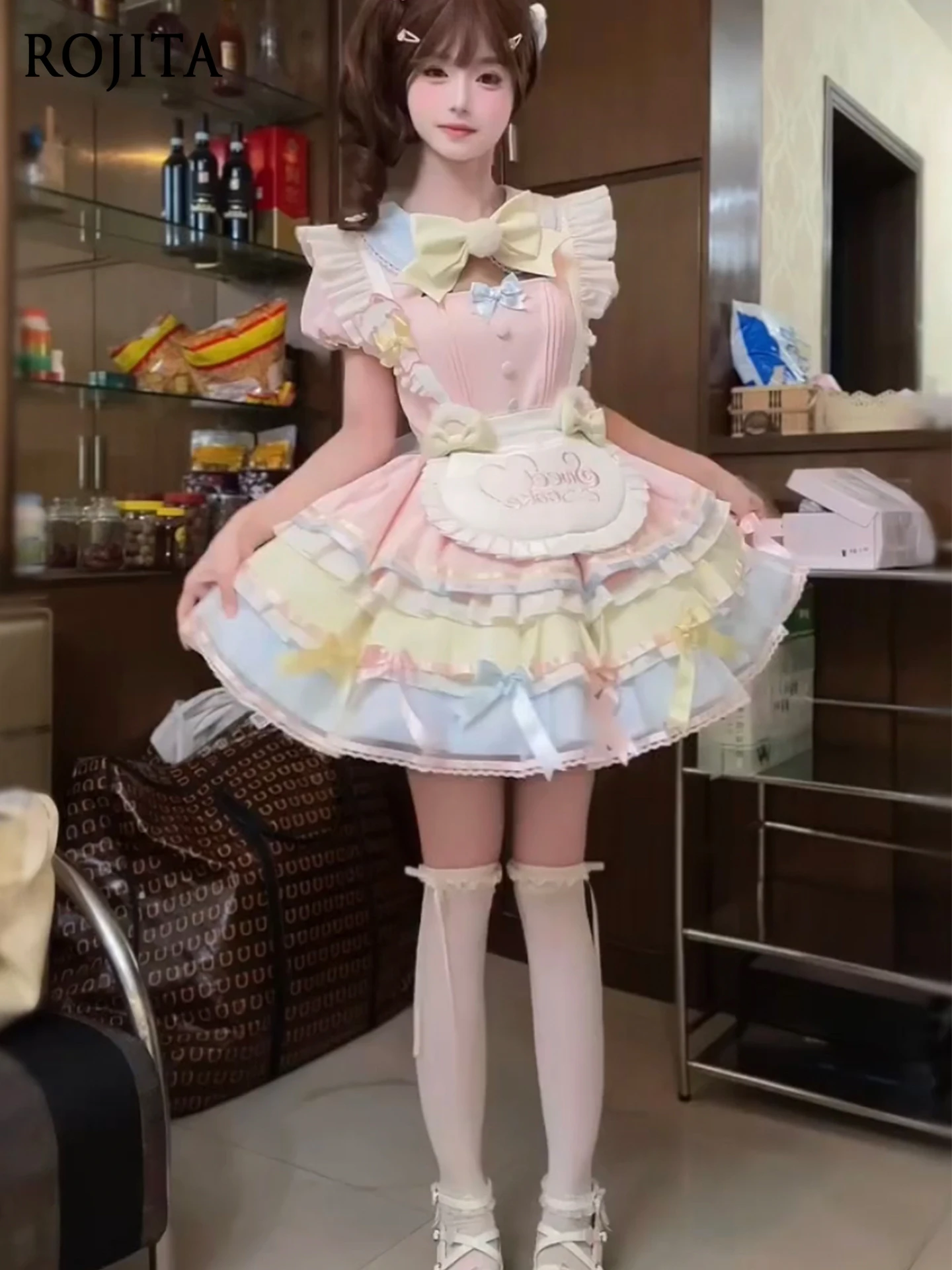 

Daughter Dresses Japanese Style Bowknot Summer Dress Sweet Cute Blue and Pink Lolita Dress for Women Strap Apron Princess Dress