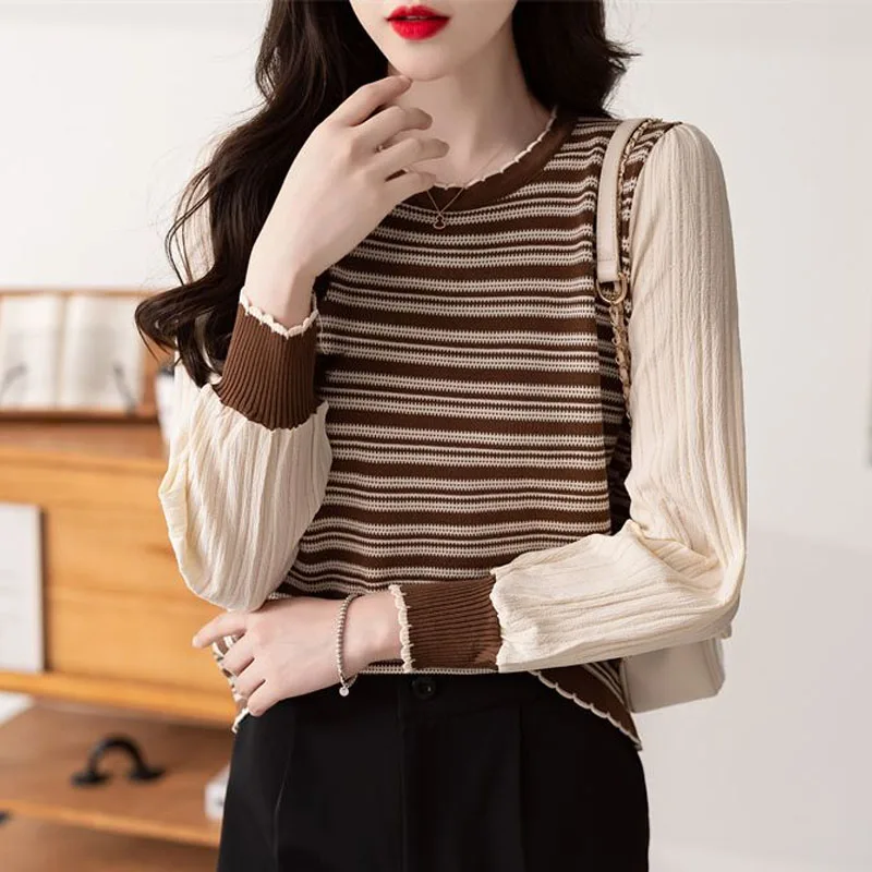 New Autumn/Winter Fashion Brand Colorblock Stripe Round Neck Loose Versatile Commuting Foreigner Long Sleeve Knitted Sweater