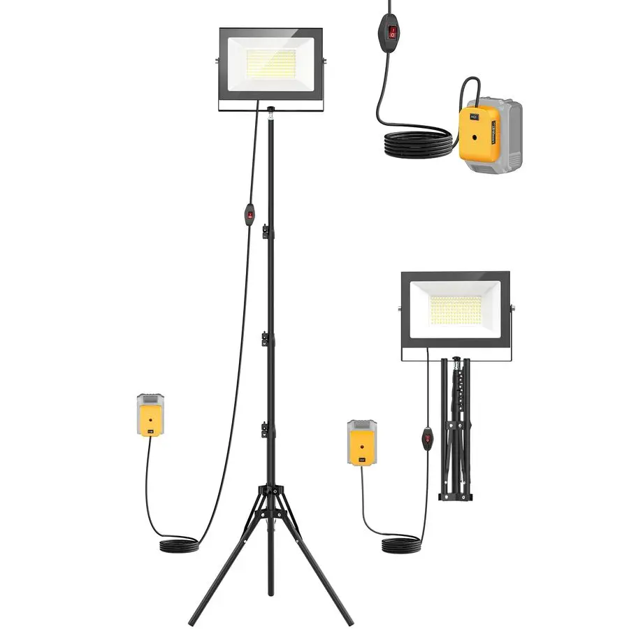 

10000LM LED Work Lights with Stand Compatible with Dewalt 20V Battery, 100W Portable Tower Tripod Flood Light with 13FT Cord for