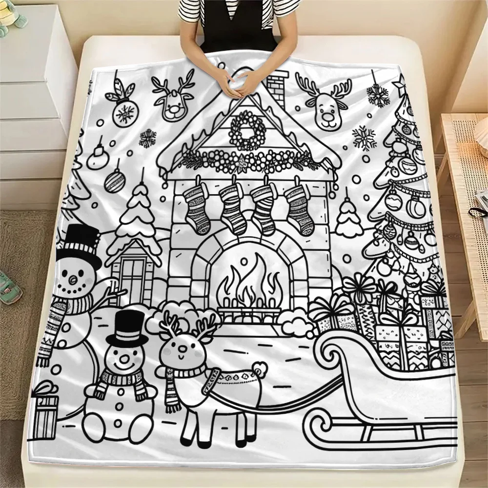 1pc 2D Flat Fireplace Christmas Stocking Elk Snowman Sleigh Christmas Tree Snowflake Zentangle DIY Coloring Blanket