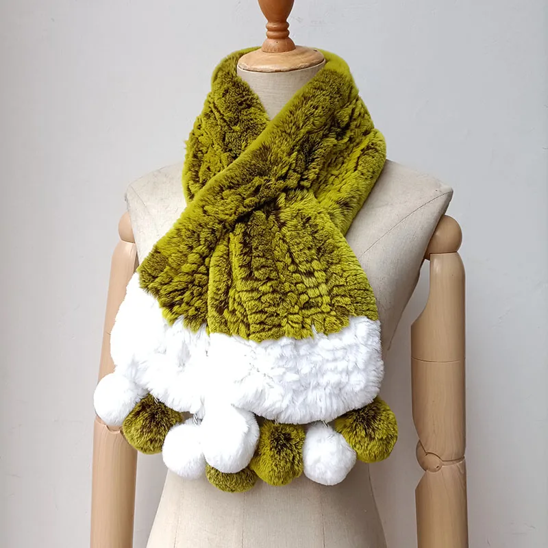 

2023 Winter Women Knitted Real Rex Rabbit Fur Scarf Fashion Warm Thick Female Stock Genuine Fur scarves Wholesale Fur Muffler
