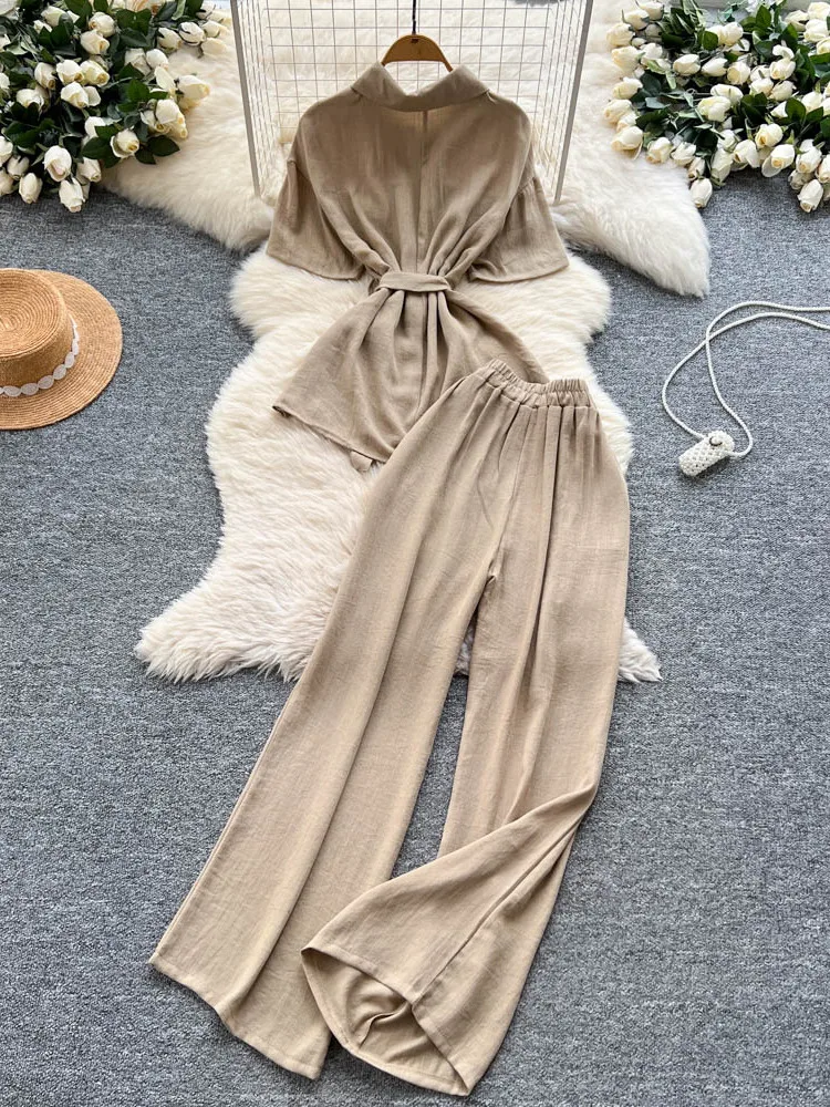 

Casual Commute Summer Set Women's Lightweight Mature Sle Belted ket ort Sve Top High Waist Wide Leg Pants Two Piece...