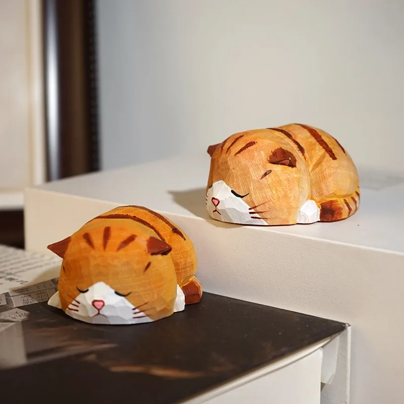 1PC Slumbering Cat Hand Carved Wood Sculpture Dozing Cat Figurines Serene Table Accent Lovely Animal Decor Wooden Home Ornament