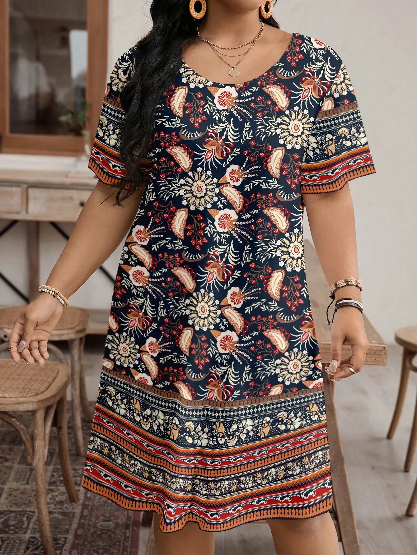 

Повседневное винтажное платье А-силуэта с цветочным принтом, свободного кроя, с круглым вырезом и короткими рукавами, для летнего пляжного образа в стиле бохо