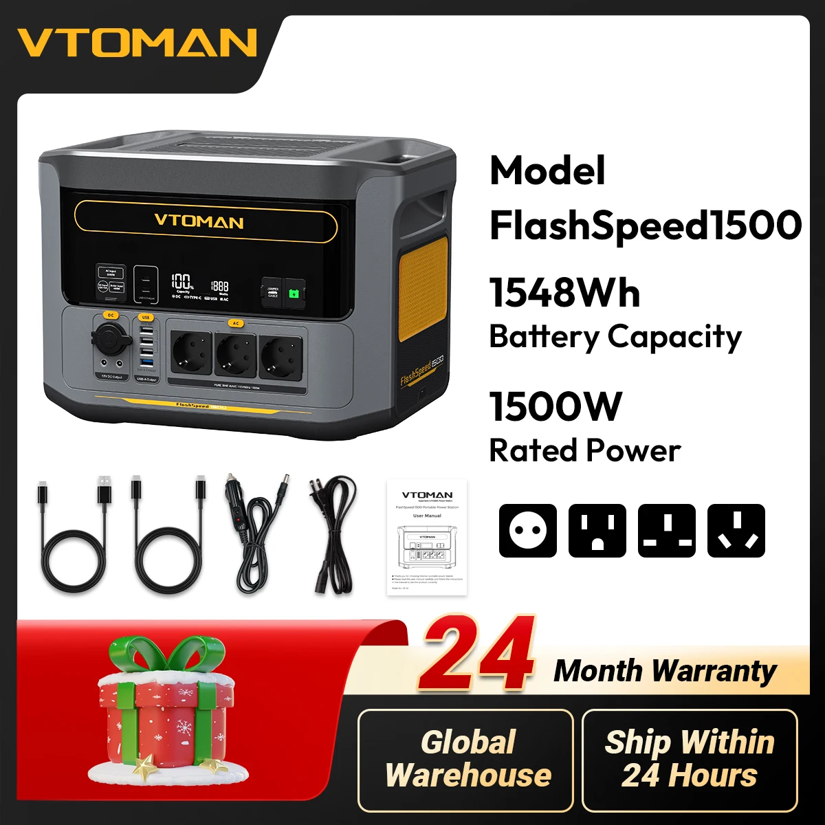 VTOMAN FlashSpeed 1500 Portable Power Station 1548Wh LiFePO4 Battery with 3000W Peak for Outdoor Camping RV Home Energy Power