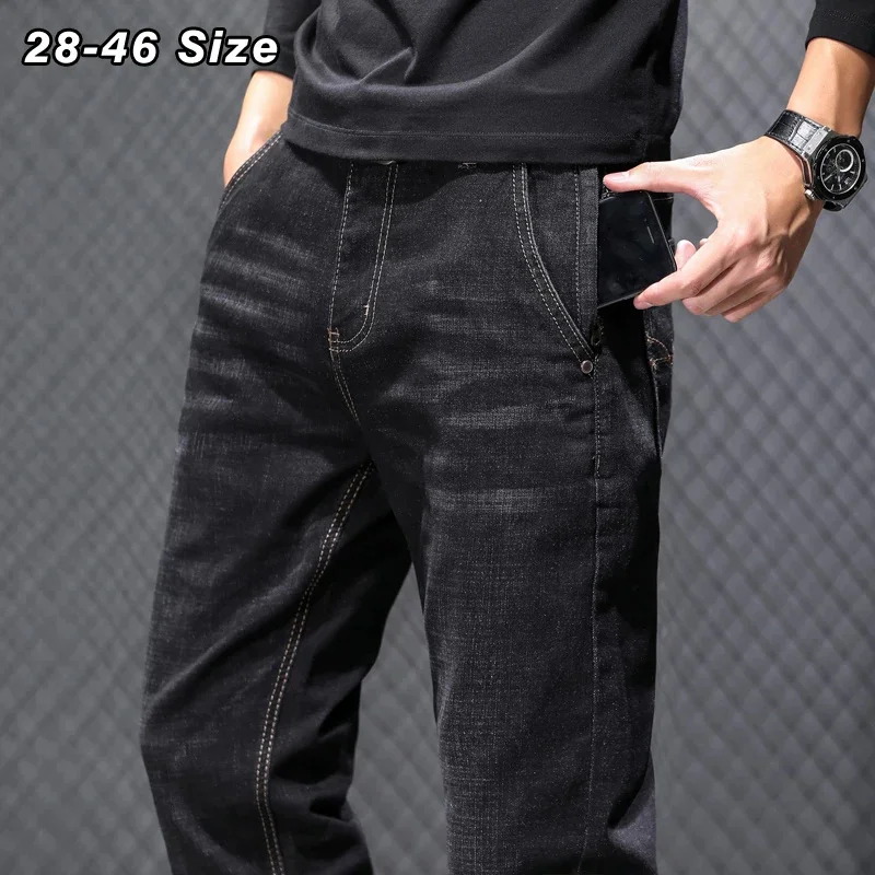 

44 42 46 Plus Size Men's Jeans Autumn Winter Classic Black Gray Baggy Straight Trousers Elasticity Casual Denim Pants Clothes