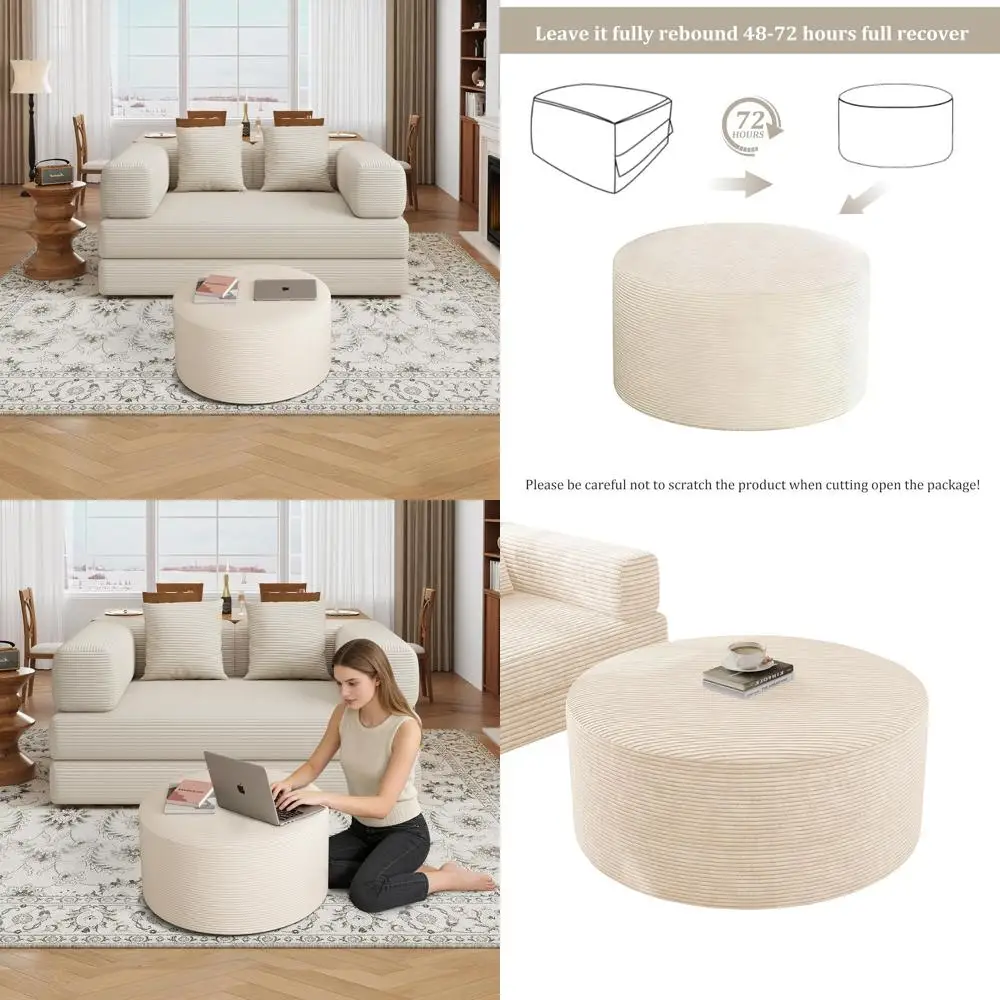 

32 Beige Corduroy Ottoman with Memory Foam, Plush Cushion, No Assembly Required for Living Room