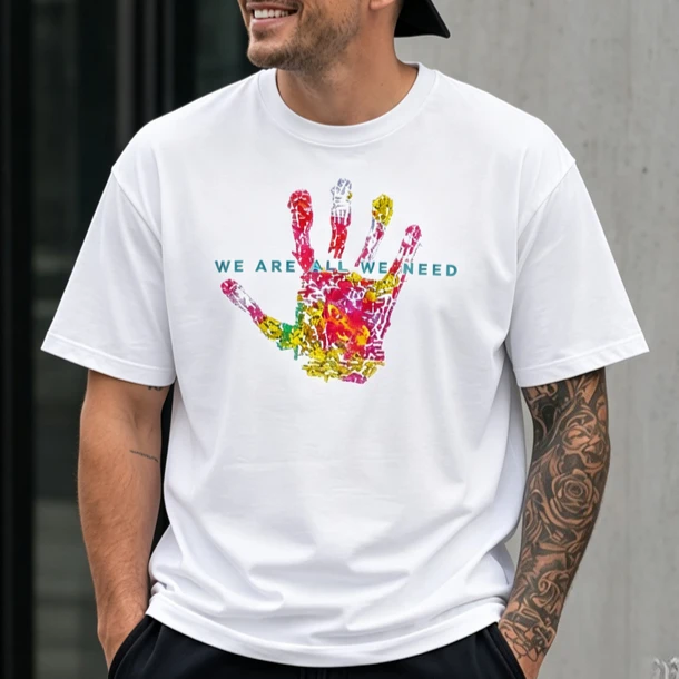 Vintage Color Splash Hand Print T Shirt Men Casual Short Sleeve Cotton Unisex Tee Positive Message Summer Streetwear Y2k Tops