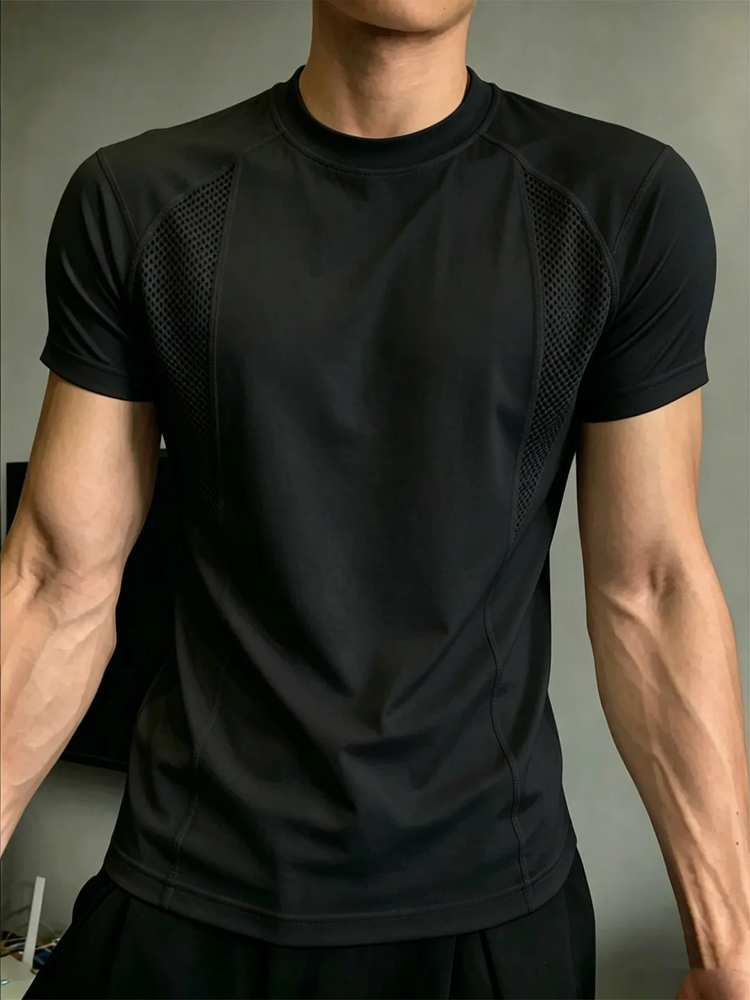 Black Quick-Dry Fitness Men's Short-Sleeve T-Shirt Summer Mesh Breathable Deconstructed Ice Silk Cool Feeling Sports Training