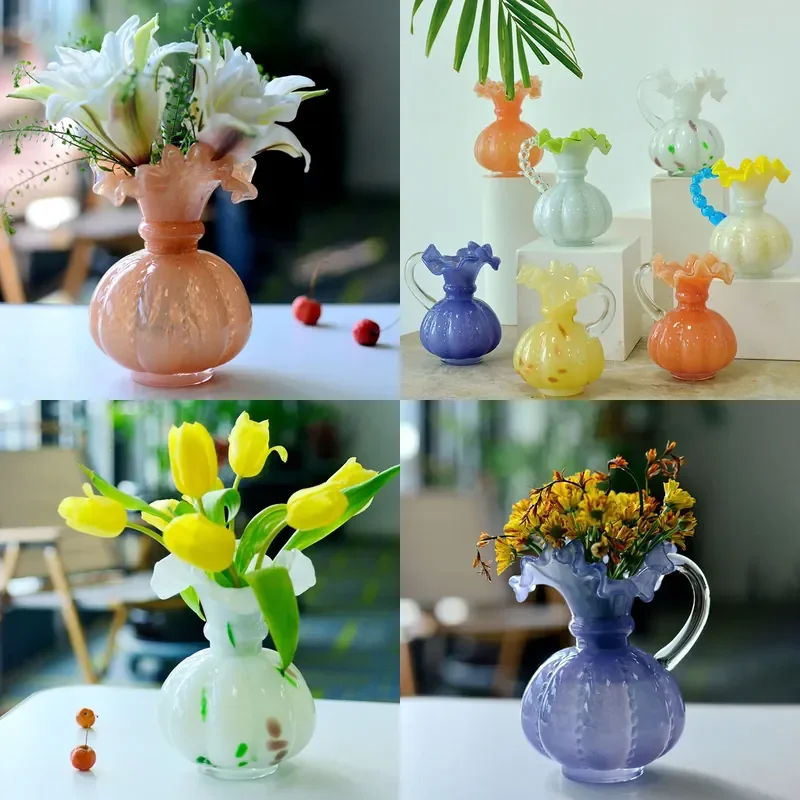 Handmade Glass Vase Pumpkin Pattern Medieval Style Modern Simple Water Flower Holder Home Decor Ornament