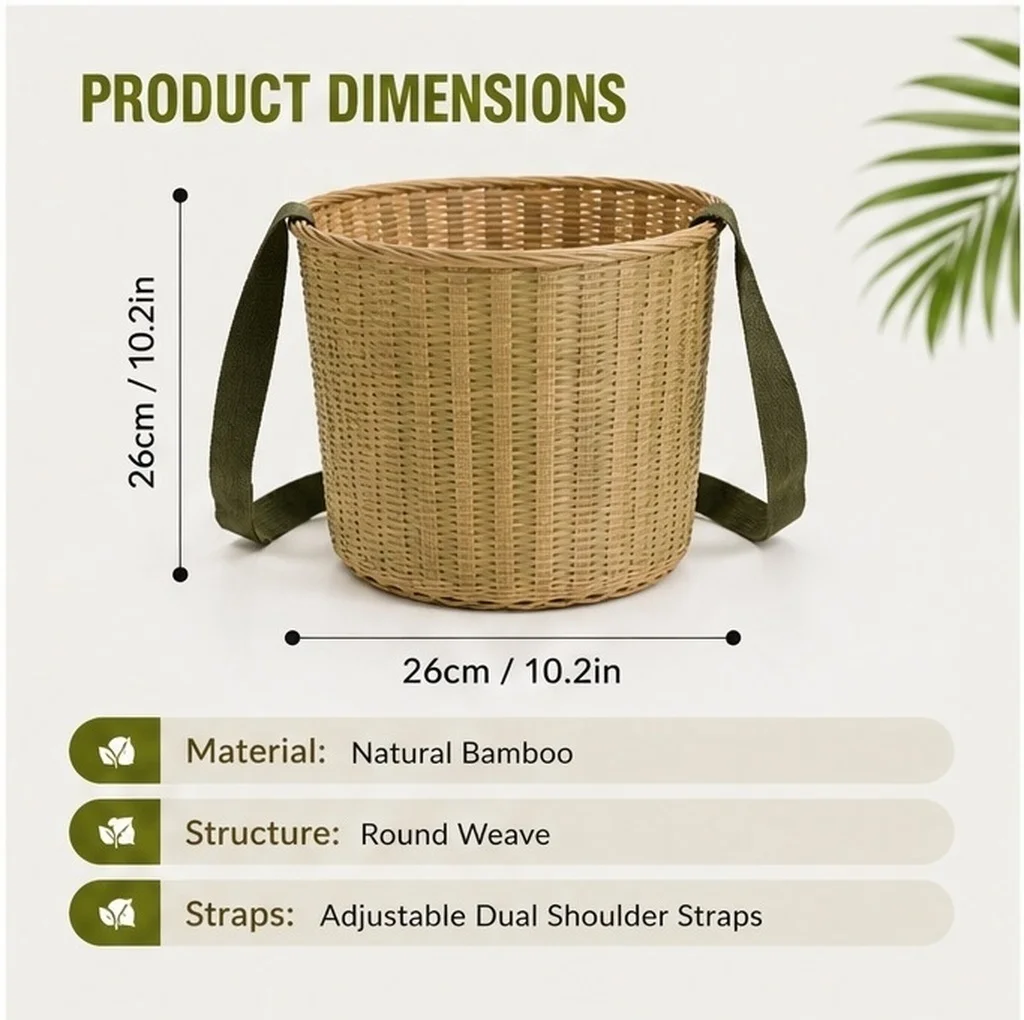 Bamboo Round Handwoven Backpack Double Shoulder Straps Outdoor Foraging Picnic Basket Mushroom Picking Berry Storage Basket