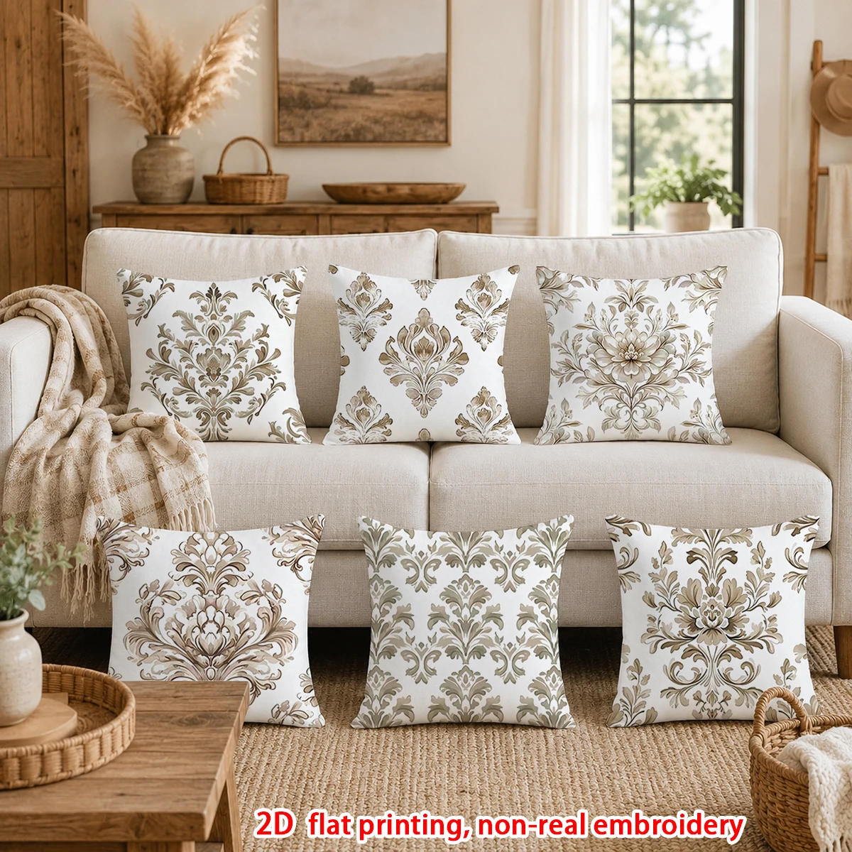 1pc  Vintage Damask Floral Throw Pillow Covers, Neutral Tone Decorative Square Cushion Cases for Sofa Bedroom Living Room