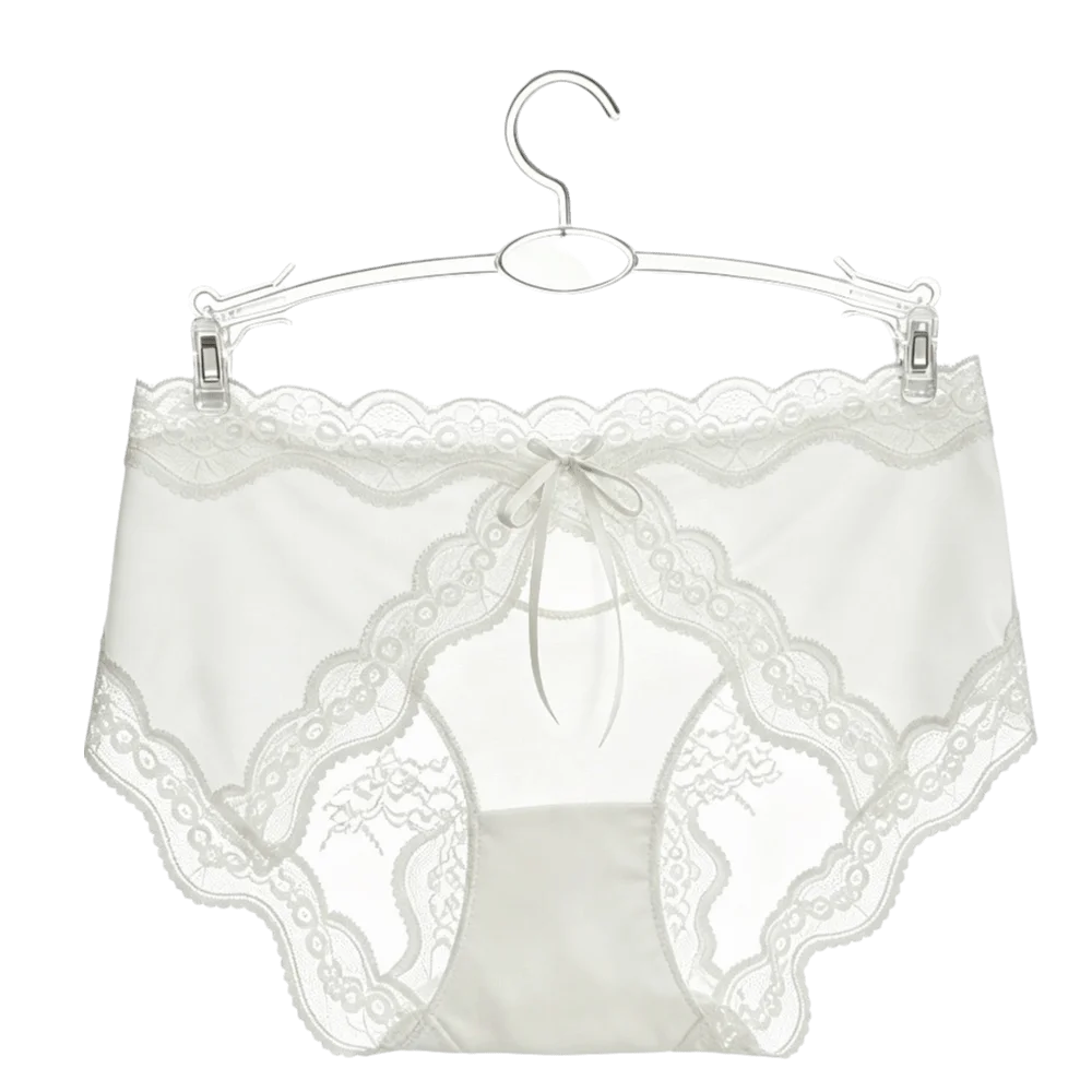 Delicate Mid Waist Lace Satin Panties Mesh Invisible Transparent Briefs Sweet Patchwork Bow Briefs Daily Wear