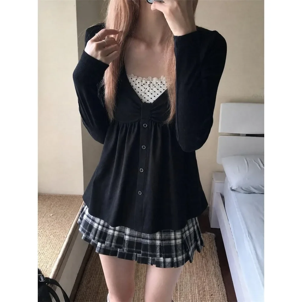 Sweet Lolita Fake Two Long Sleeve Tops Women Y2K Subculture Vintage Patchwork Tees Autumn Street Fashion Casual Pullover Shirt