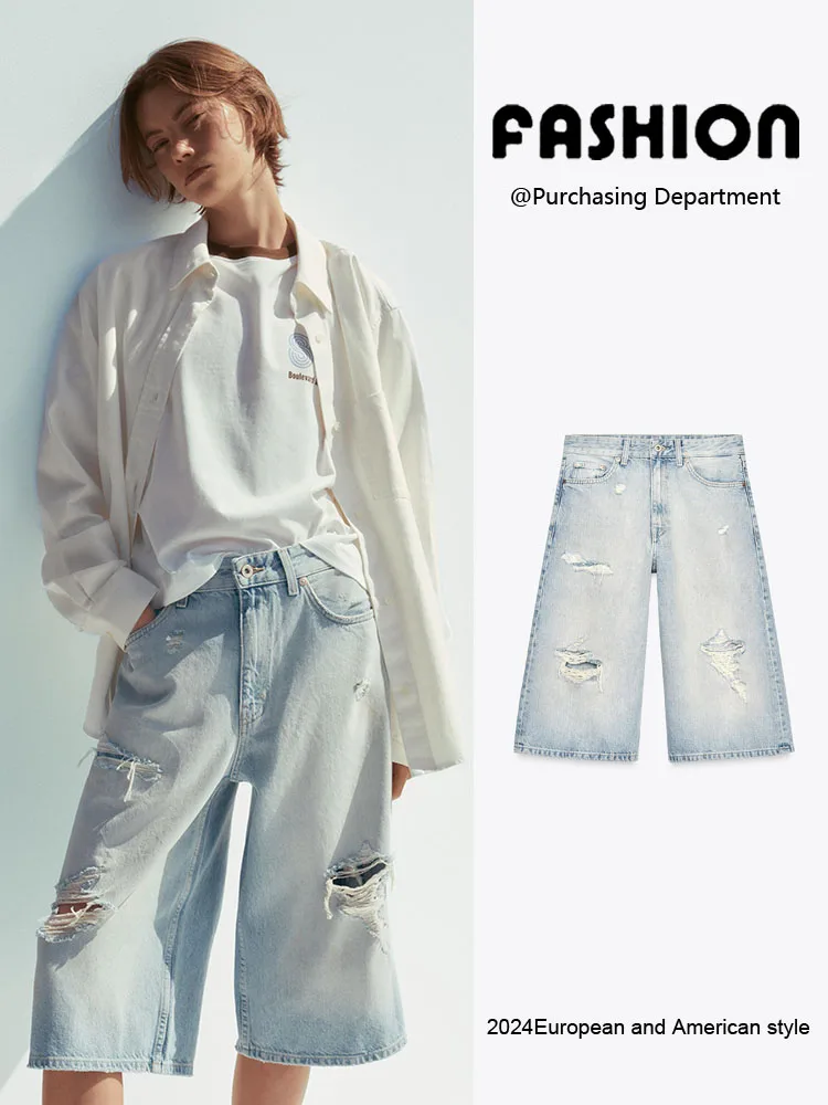 

New Summer Women's Versatile Slimming Denim orts Hole Decoration Mid-Waist ort Pants Ethnic Stage Costume ort Skirts