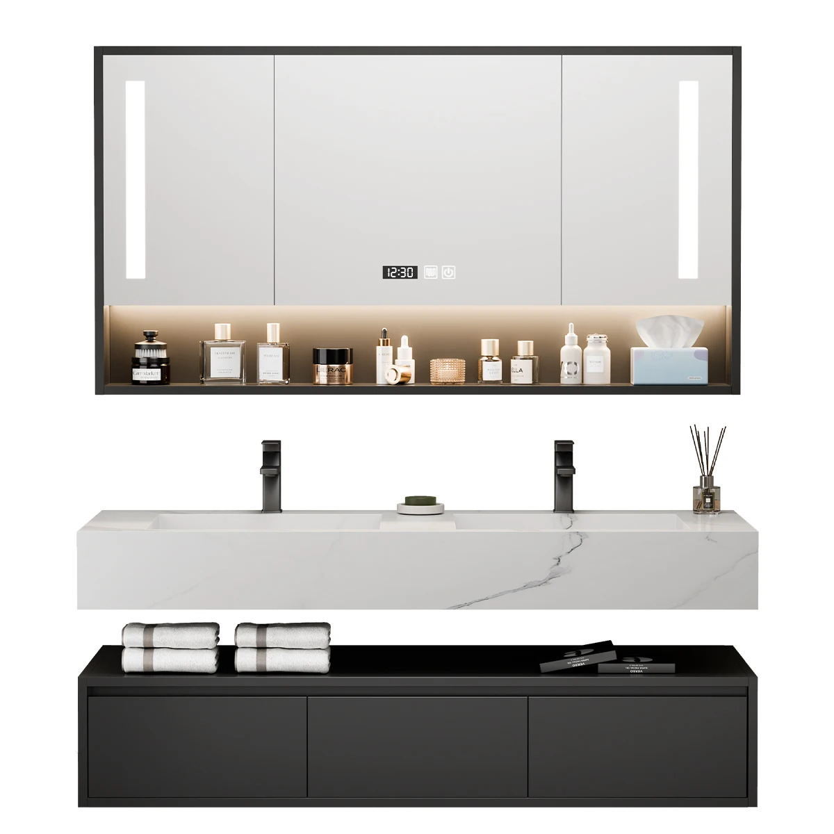 

Modern Stone Top Solid Wood Dresser Light Emitting Diode Wall Mounted Locker Waterproof Waterproof Drawer