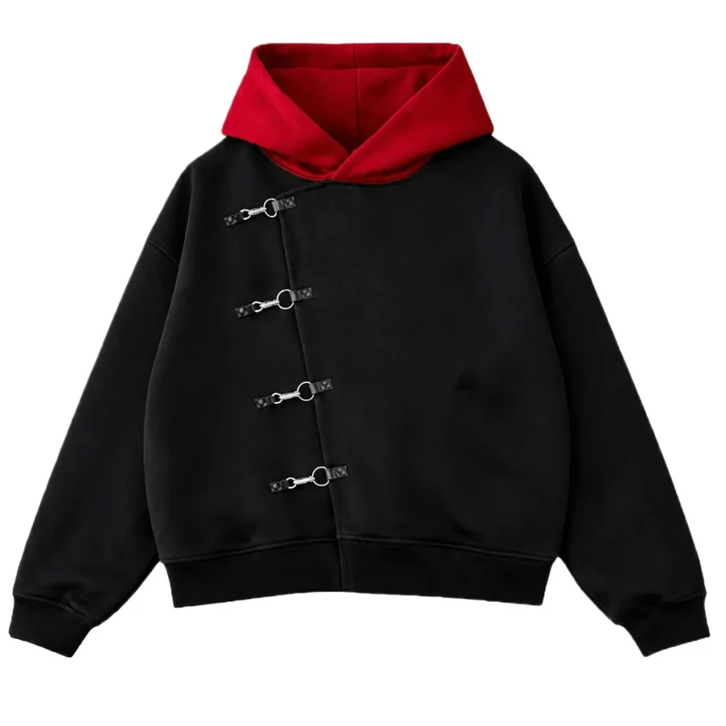 Y2K Retro Black White Match Hoodie Japanese Strap Button Splicing Metal Sweatshirt Trendy Simple Men Women Oversized Streetwear