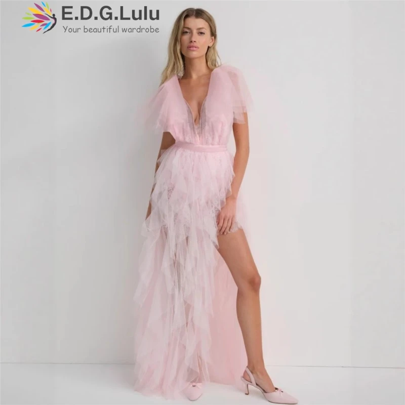 Edglulu doce praia férias manga curta vestido rosa mulher rendas retalhos malha em camadas plissado borda solta vestidos longos 1109