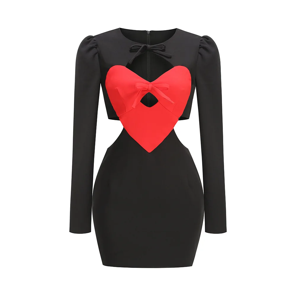 High Quality Women Long Sleeve Sexy Keyholes Red Heart Bodycon Mini Dress Celebrity Red Carpet Nightclub Party Celebrate Dress