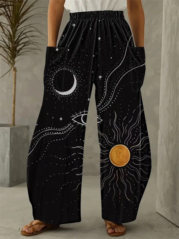 Women's Fashion New Wide-legged Pants Elegant 3d Sun, Moon And Star Printed Pants Women's Street Vintage Pants With Pockets