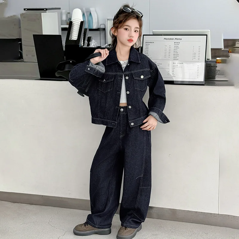 Two-piece Set Cowboy Suit Grils Children Long Sleeves Coat Pants Autumn New Korean Loose Casual Cool Fashionable Solid