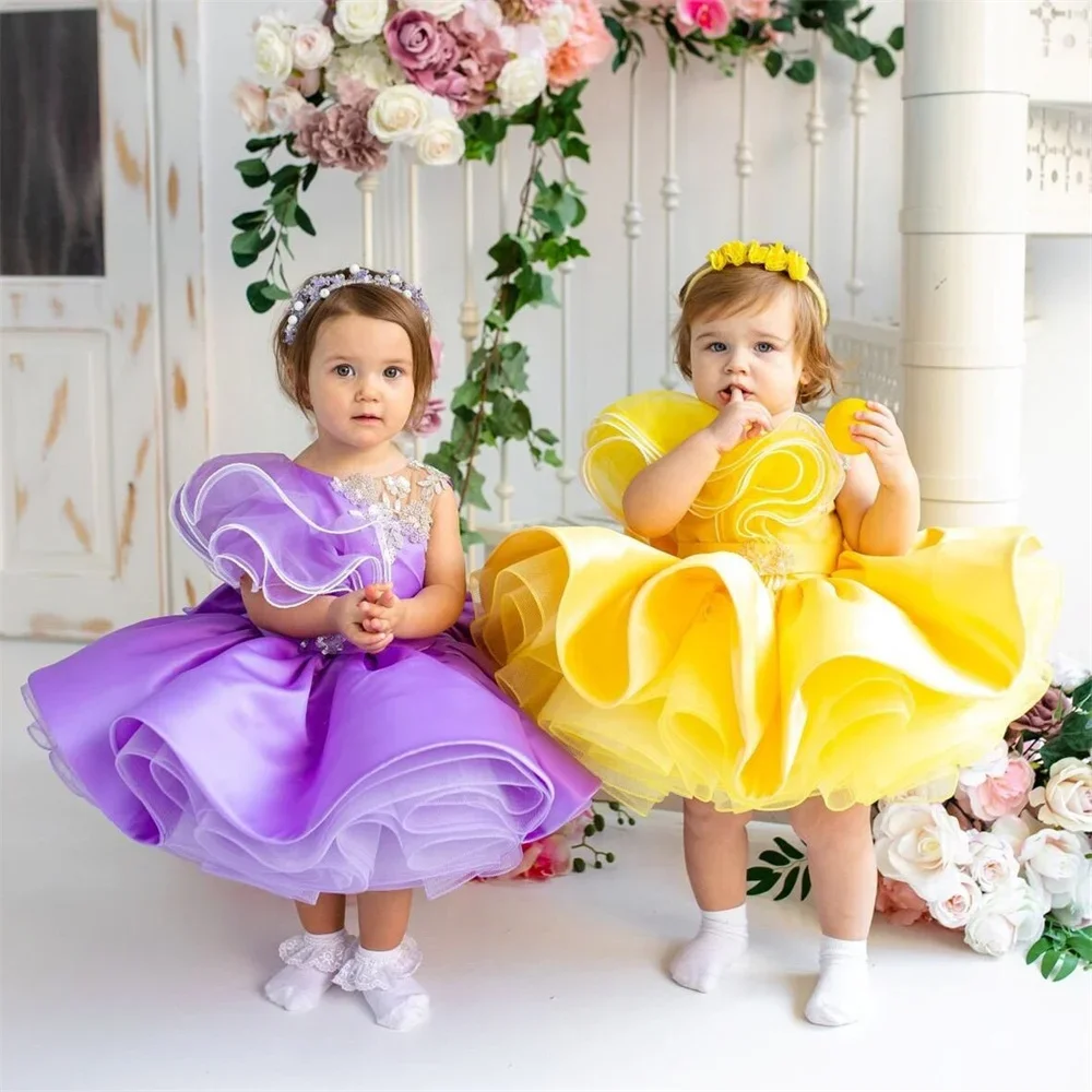 CustomizedYellow Bow Flower Girl Dress For Wedding Puffy Ruffles Purple Knee Length With First Communion Birthday Party Ball Go