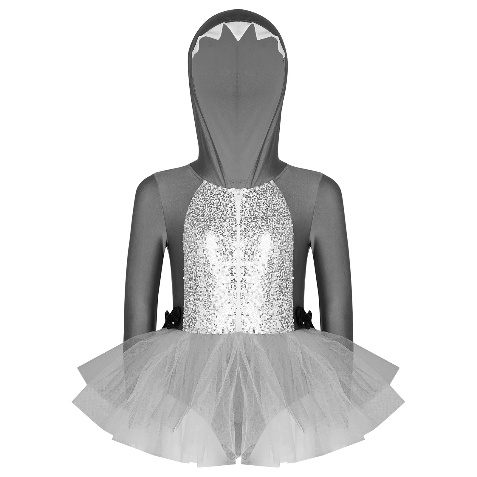 Kids Long Sleeve Sequin Hooded Tulle Tutu Dance Dress Halloween Animals Theme Party Fancy Dress Girls Shark Performance Costume
