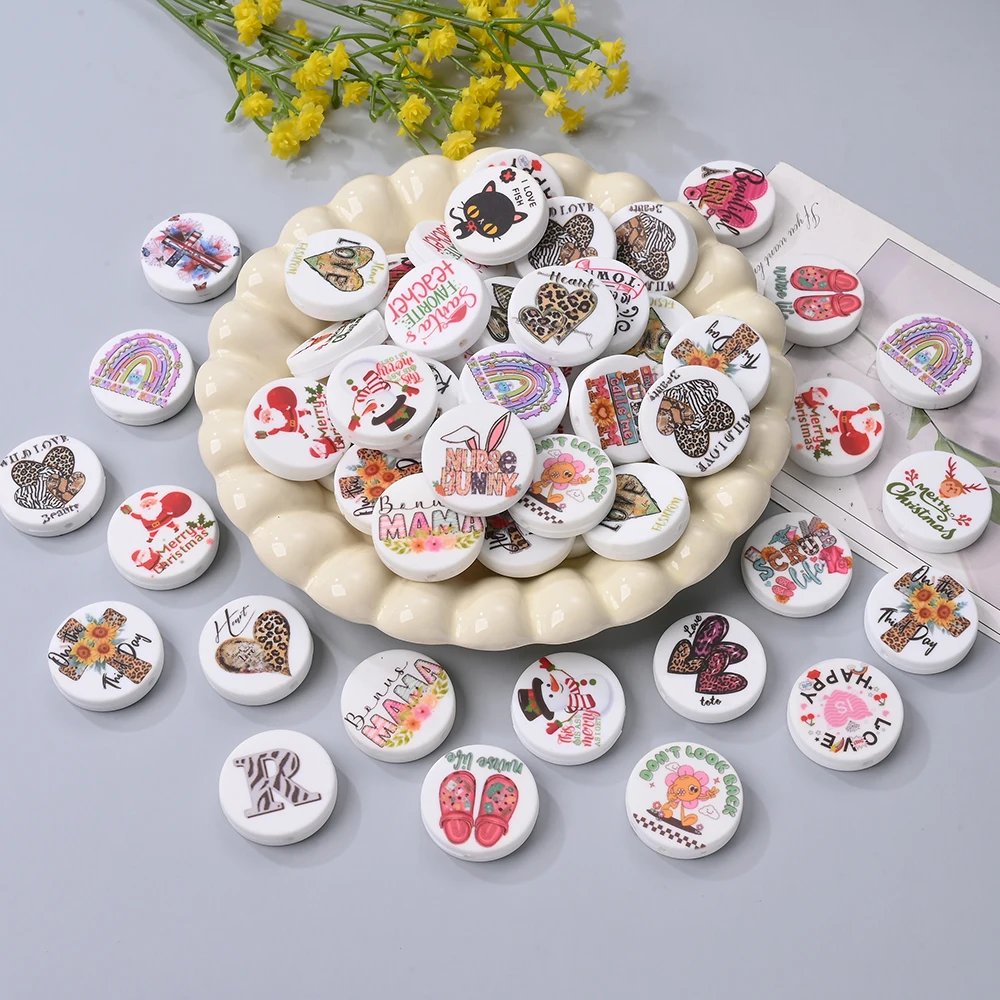 

10 шт. силиконовых плоских круглых бусин с принтом, свободные бусины для изготовления цепочек для сосок, браслетов, украшений, случайный узор