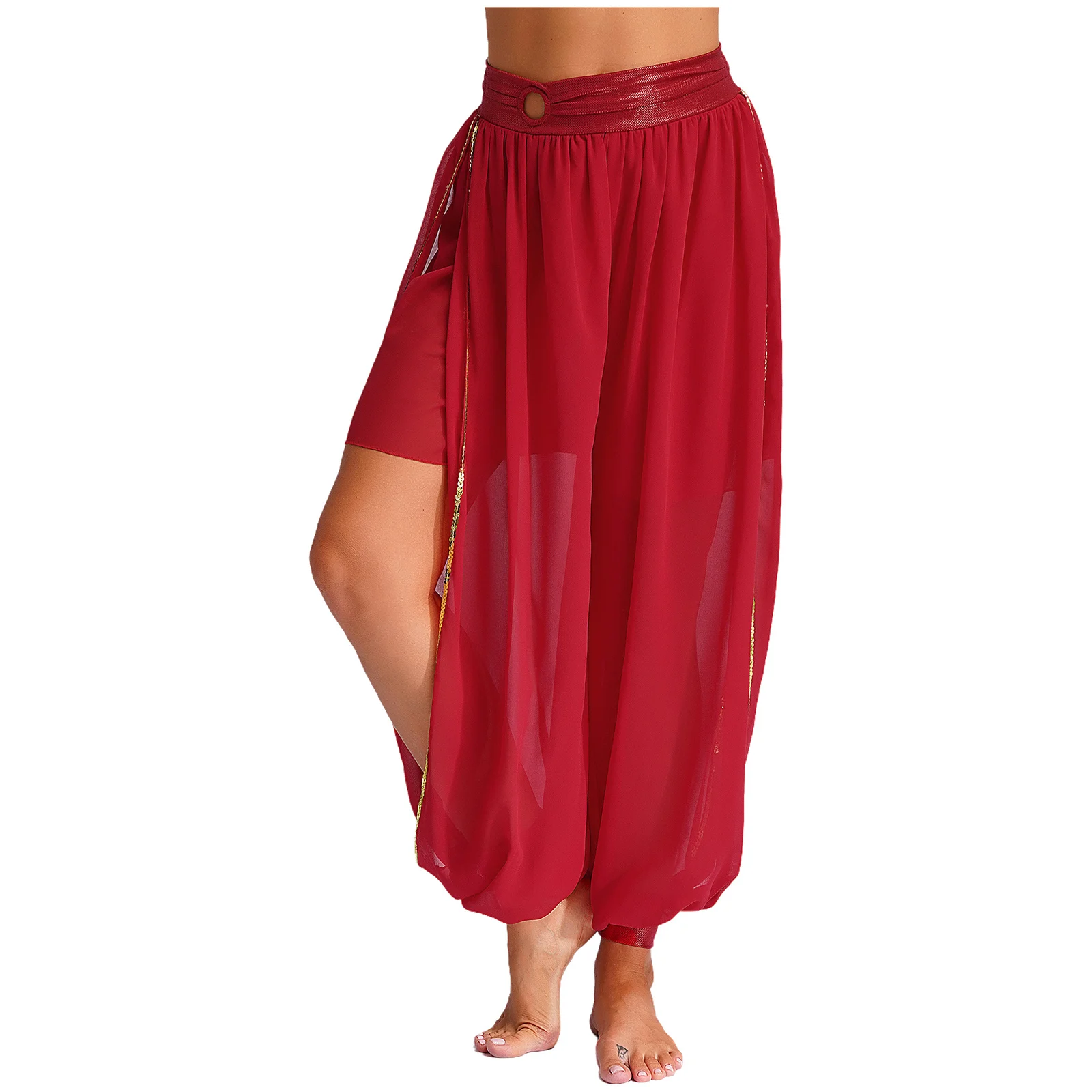 Women Chiffon Belly Dance Harem Pants Arabic Bellydance Costume Side Split Bloomers Trousers for Halloween Dancing Performance