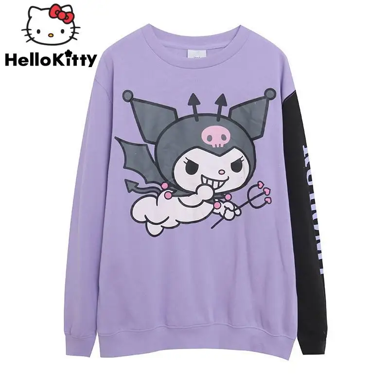 Sanrio Kuromi New Color Blocking Round Neck Pullover Cartoon Fashion Loose Top Shirts Y2k Anime Sweater Women Cute Sweatshirt