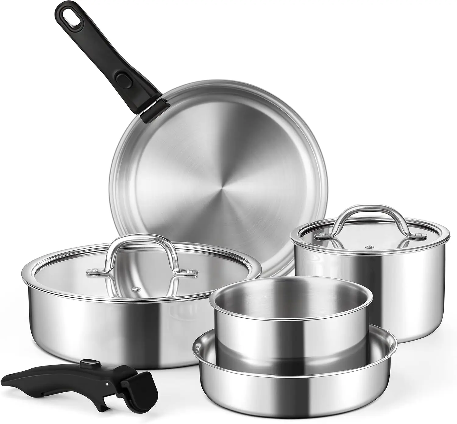 Stainless Steel Cookware Set, 9-Piece 3-Ply Whole-Clad Pots and Pans with Detachable Handle and Lid, Nontoxic Frying Pan, Saute Pan and Sauce Pan