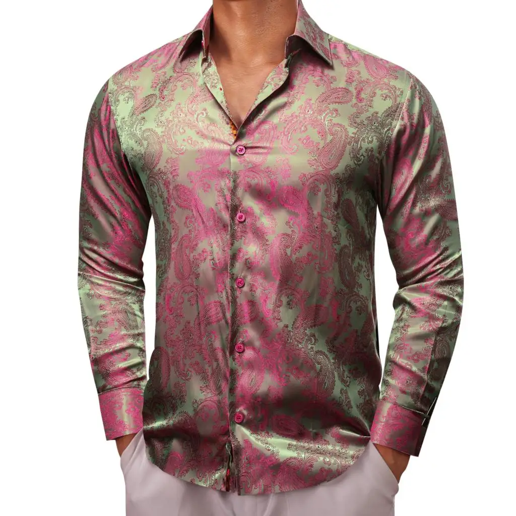 Designer Shirts for Men Embroidered Silk Paisley Blue Green Black White Gold Slim Fit Male Blouses Long Sleeve Tops Barry Wang