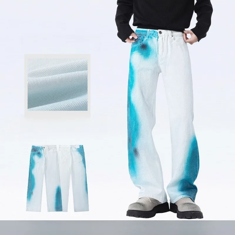 جينز جديد عتيق موديل 2025 بطلاء رذاذ متدرج غير منتظم للرجال سروال مستقيم مريح فضفاض ثنيات عالي الشارع