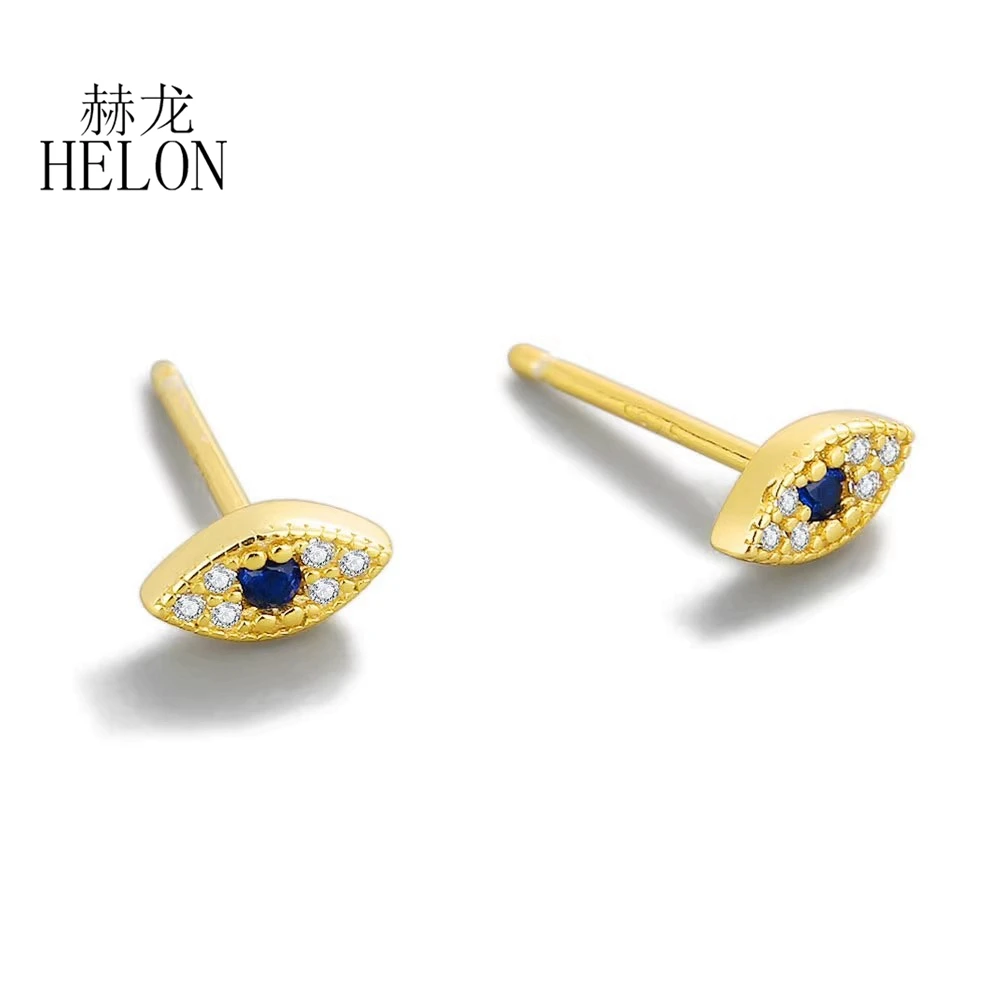 HELON Natural Sapphire Earring Solid 9k Yellow Gold Earrings Lab Grown Diamond Moissanite Earring For Women Stud Earrings