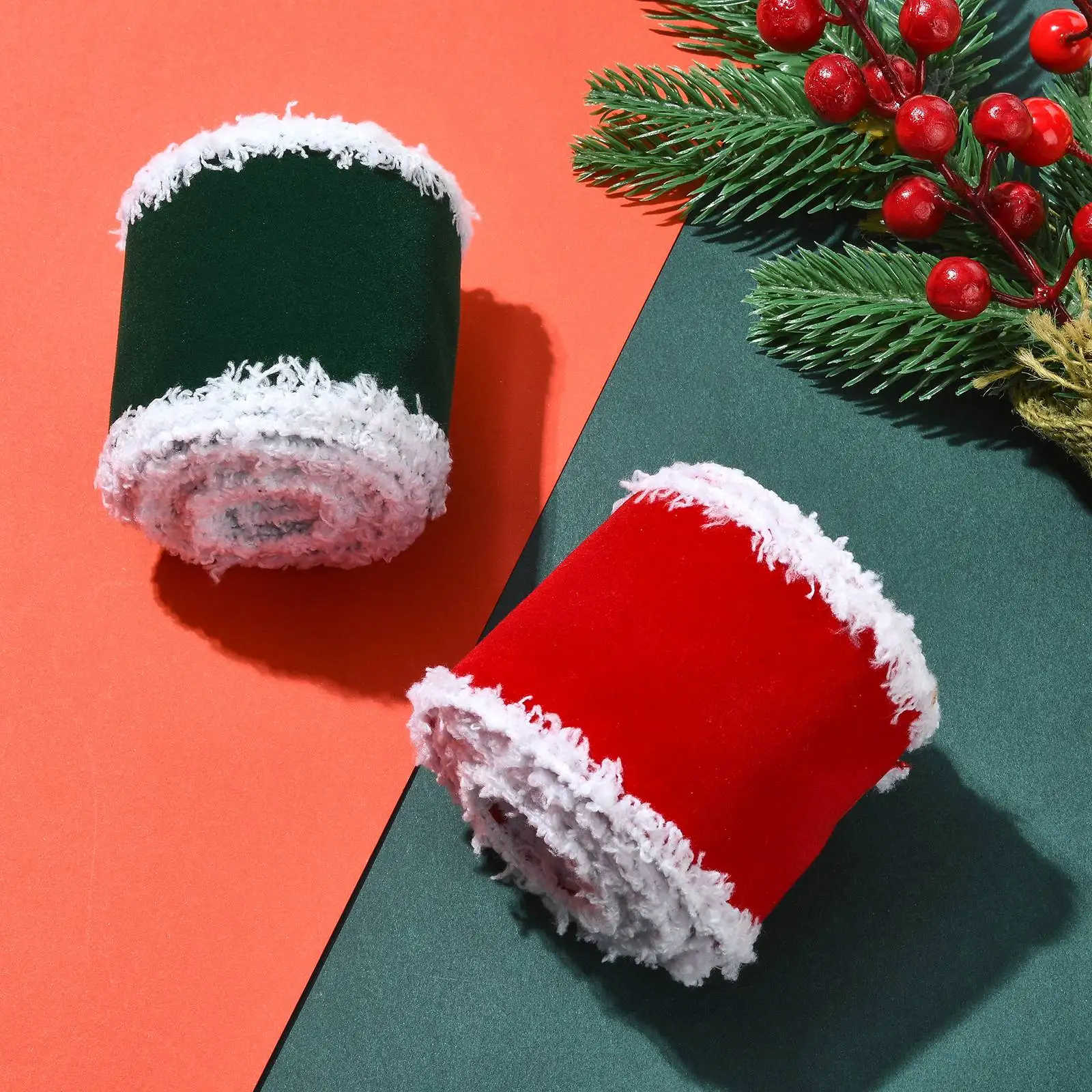 PandaHall 2 Rollen 2 Farben Polyester-Fransenband für Weihnachten, 63mm x 4,57m/Set für Geschenkverpackung, Blumenstrauß-Dekoration – Detail 5
