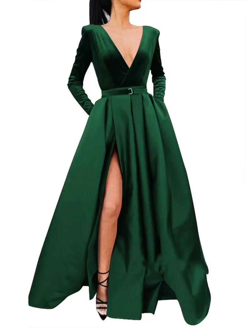 Frauen Lange Kleid Elegante Damen Kleid Party Kleider A-Line Tiefem V-ausschnitt Slit Voller-länge Abend Club Maxi Hohe Taille kleid